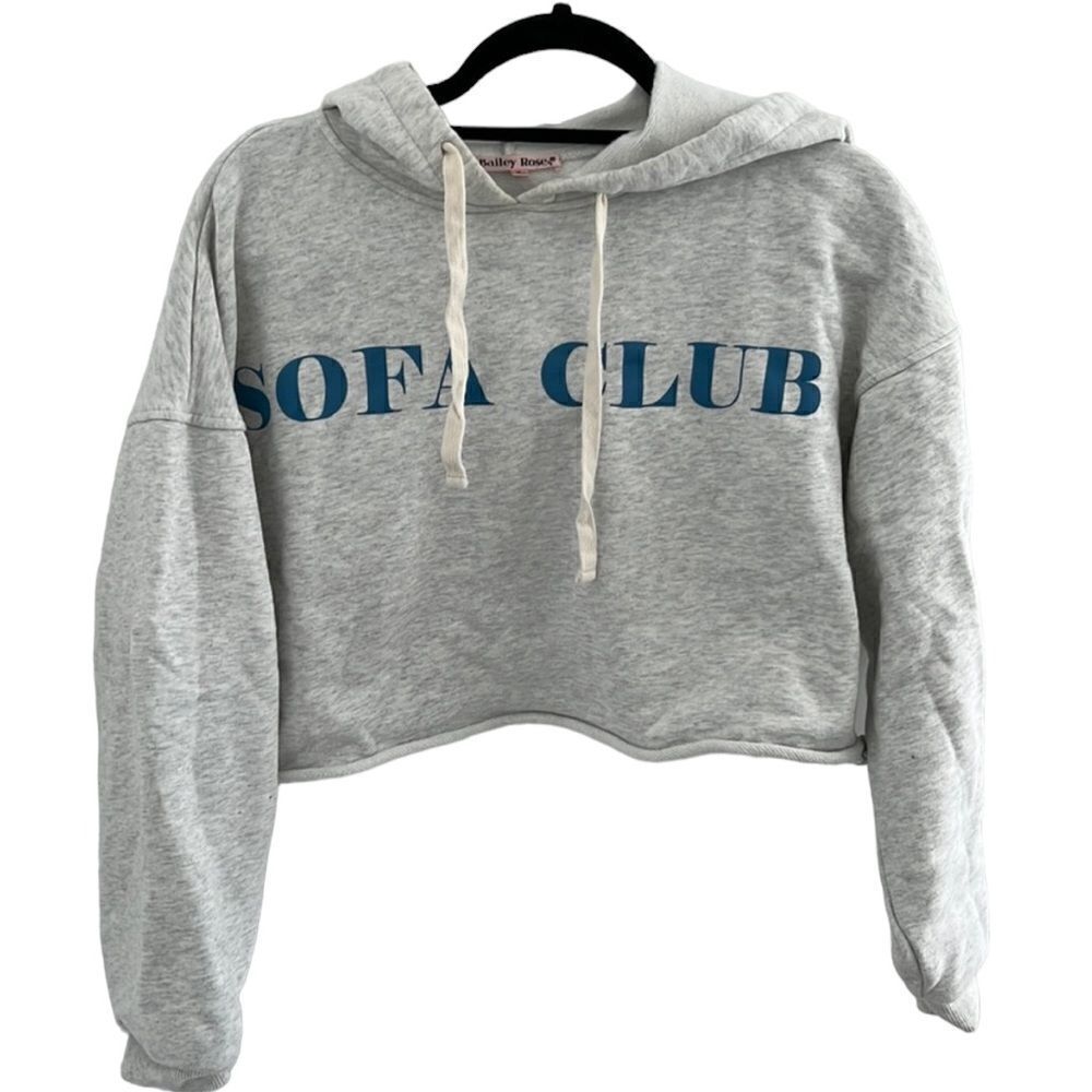 'Sofa Club' French Terry Cropped Hoodie Top- Heather Grey - Medium / M